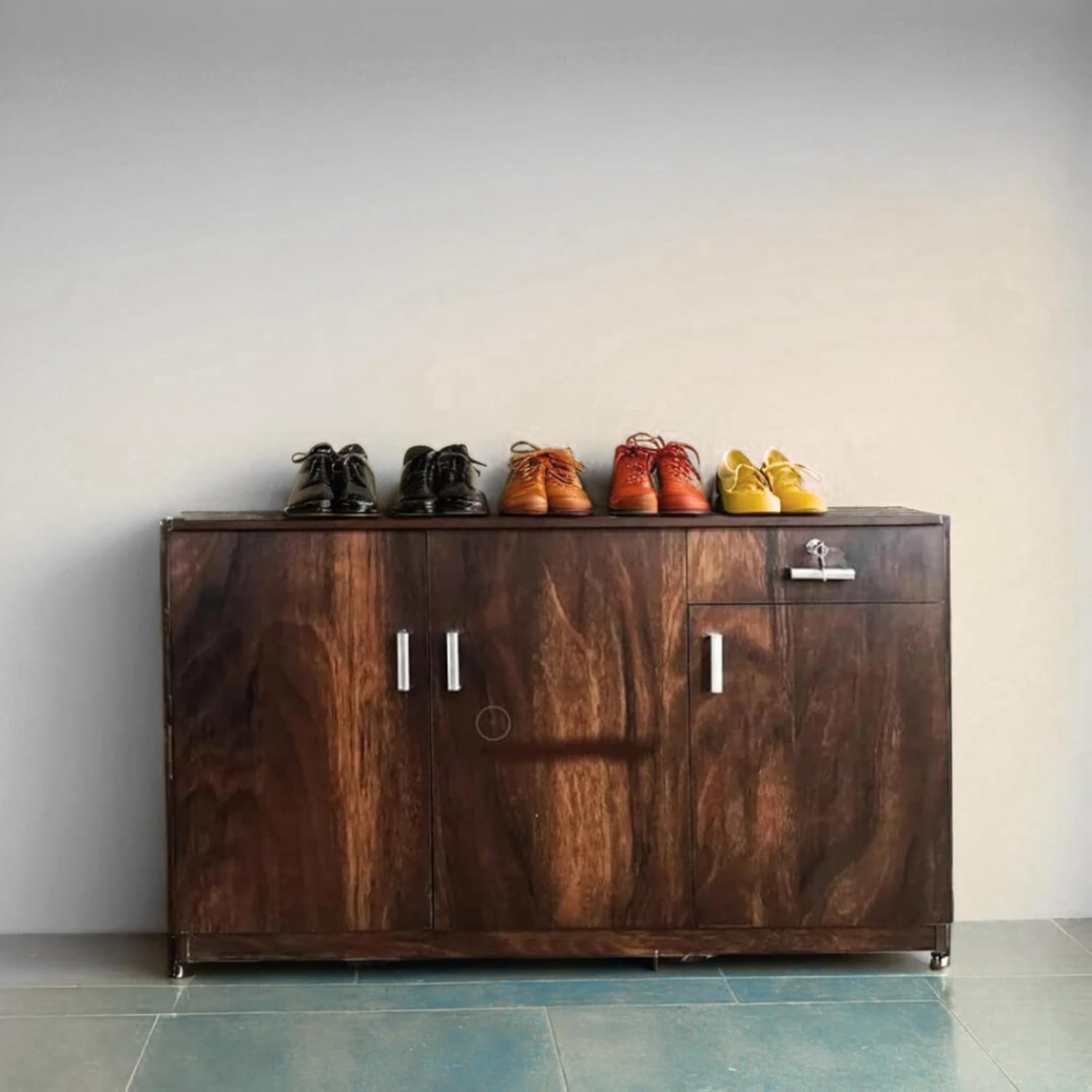 Engineered Wood Textured 3 Door Storage Cabinet with Drawer(Brown) | Shoe Rack | Storage Cabinet