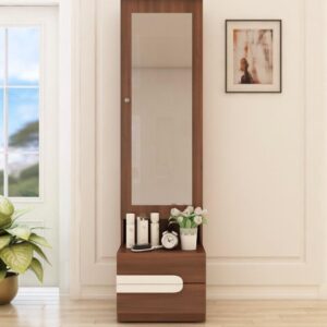 CASPIAN Furniture Engineered Wood Rainforest Brown & Frosty White (Handles) with Mirror 6 Shelves and 2 Drawers || Dressing Table || Makeup Table || Bedroom Organizer