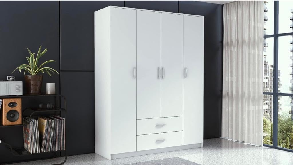Super White 4 Door Wardrobe with 2 Mirrors|Wardrobe for 2 Persons |Drawers and Lock, 3 Shelves and Hanging Space for Clothes(60" *17*"75 inch) - Image 9